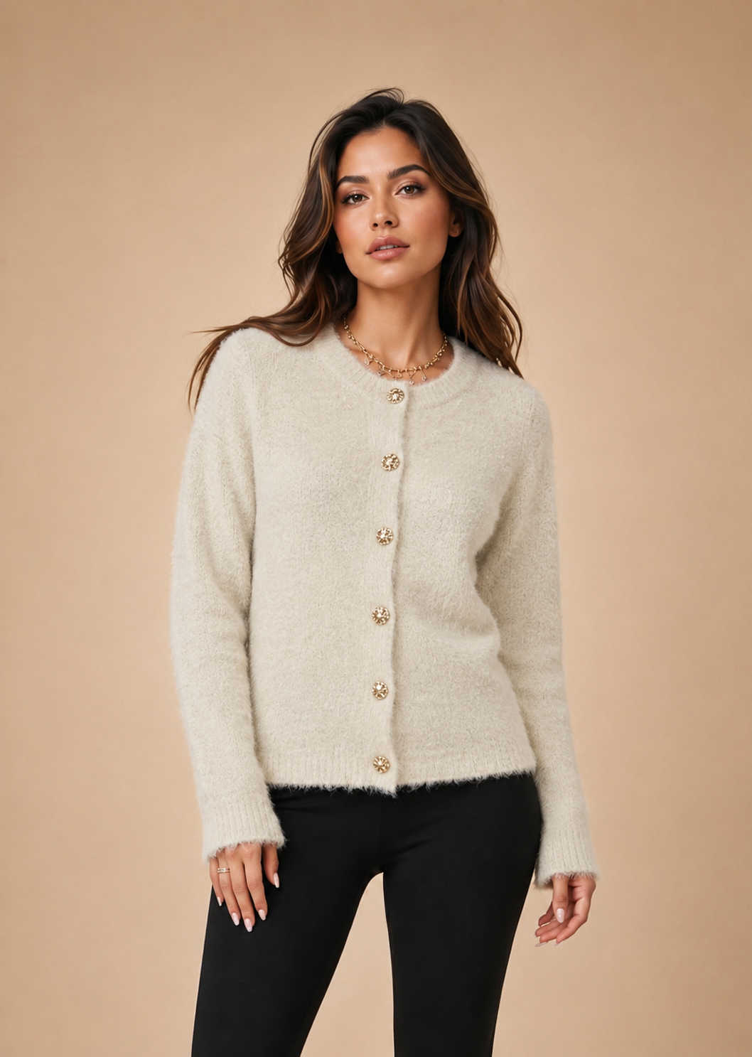 Feinstrick-Pullover mit Zierknöpfen Creme