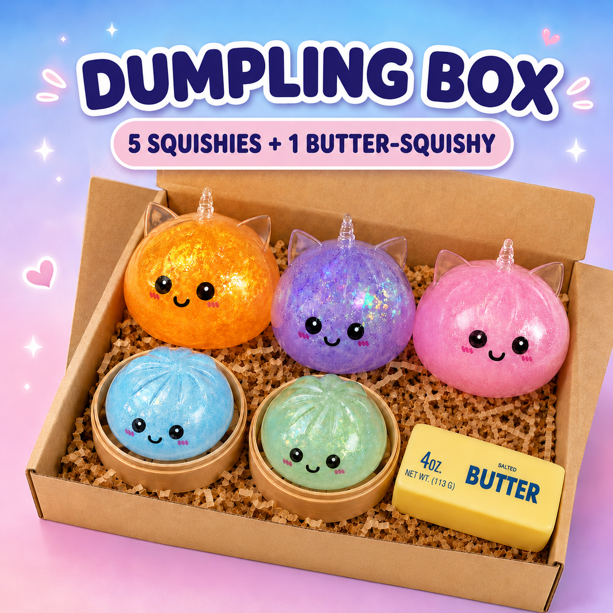 Dumpling Box – 3 große & 2 kleine Squishies + Butter-Squishy