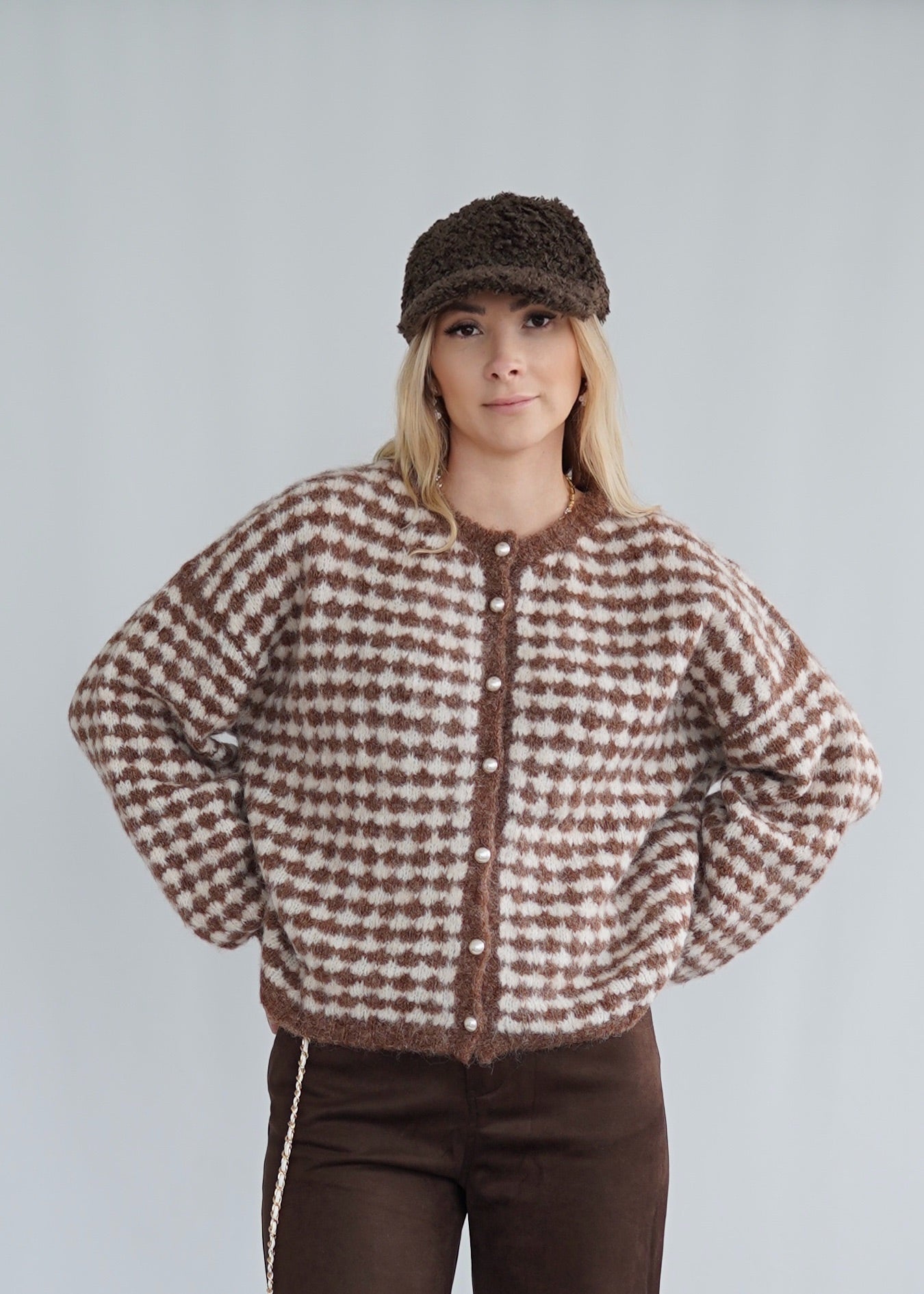 Jacquard-Strickjacke Brown & Cream