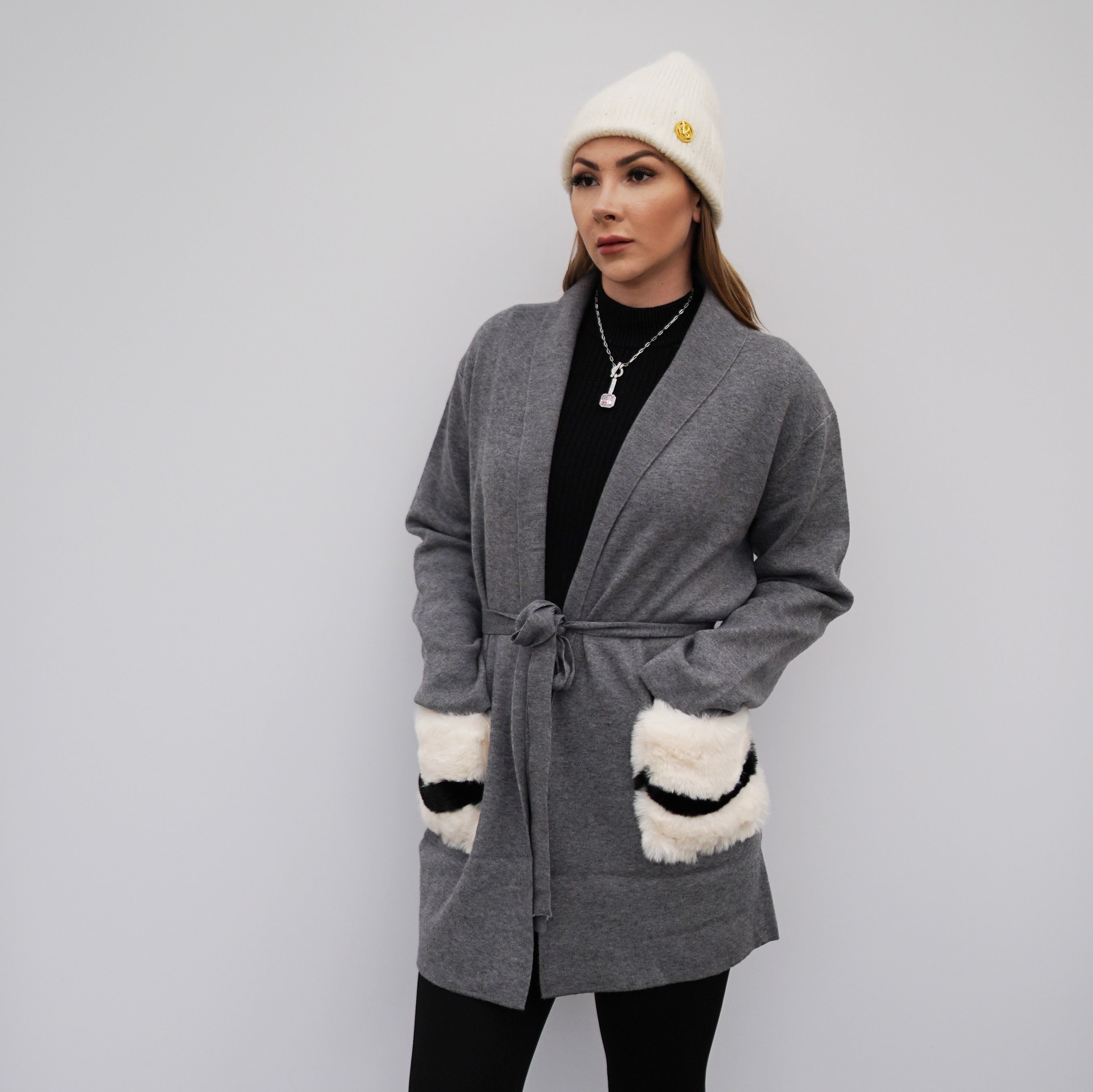 Cardigan mit Kunstfell Taschen