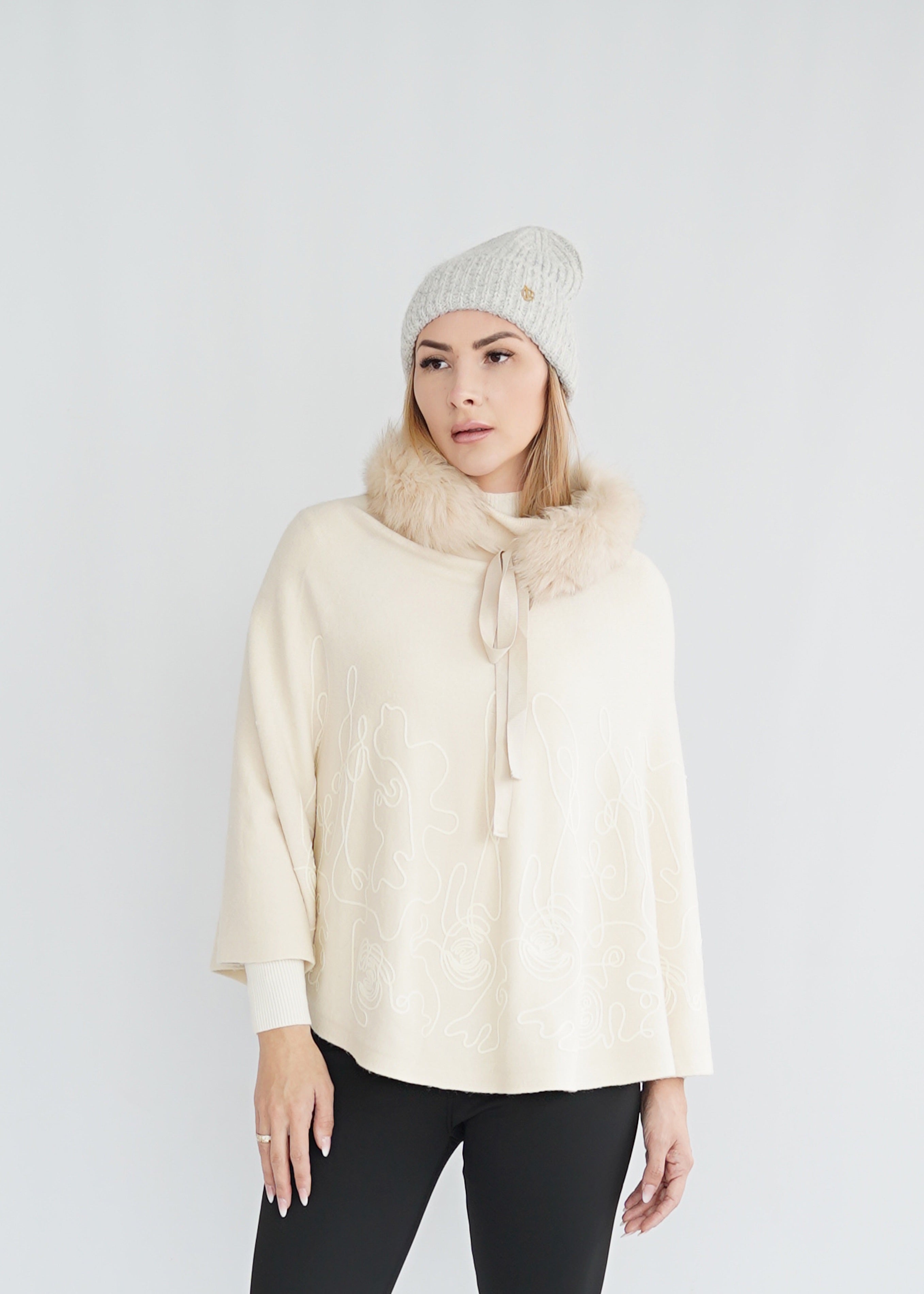 Poncho Kurz mit Kunsfell-kragen