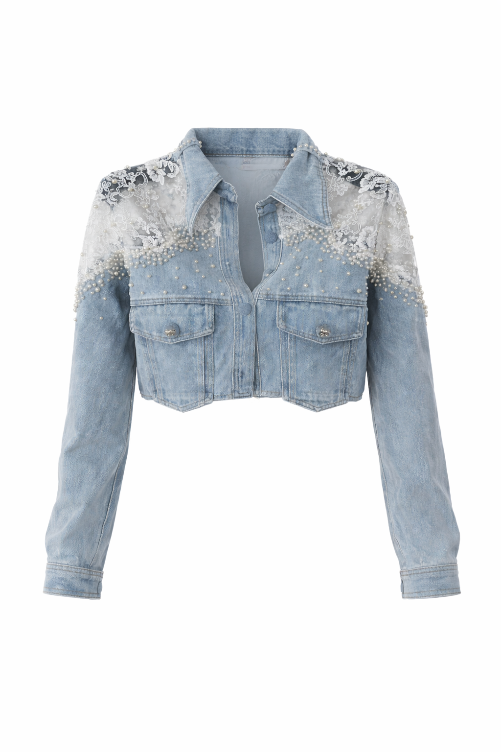 Crop-Jeans Jacke mit Perlen