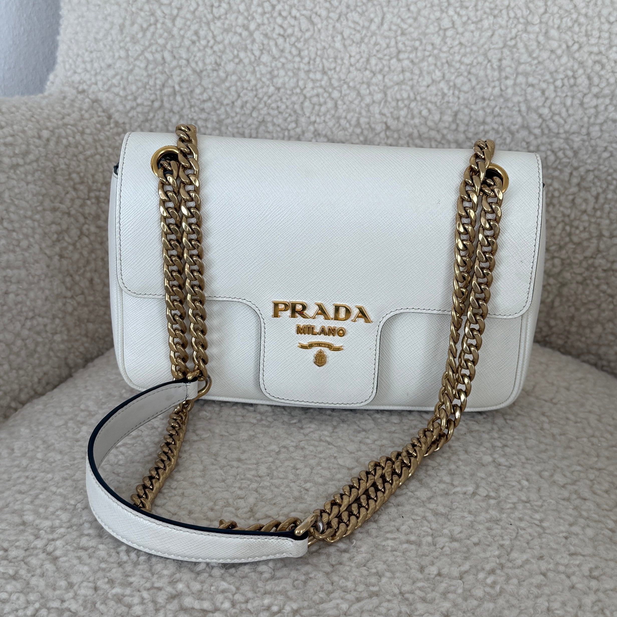 Prada White Saffiano Pattina Crossbody Bag