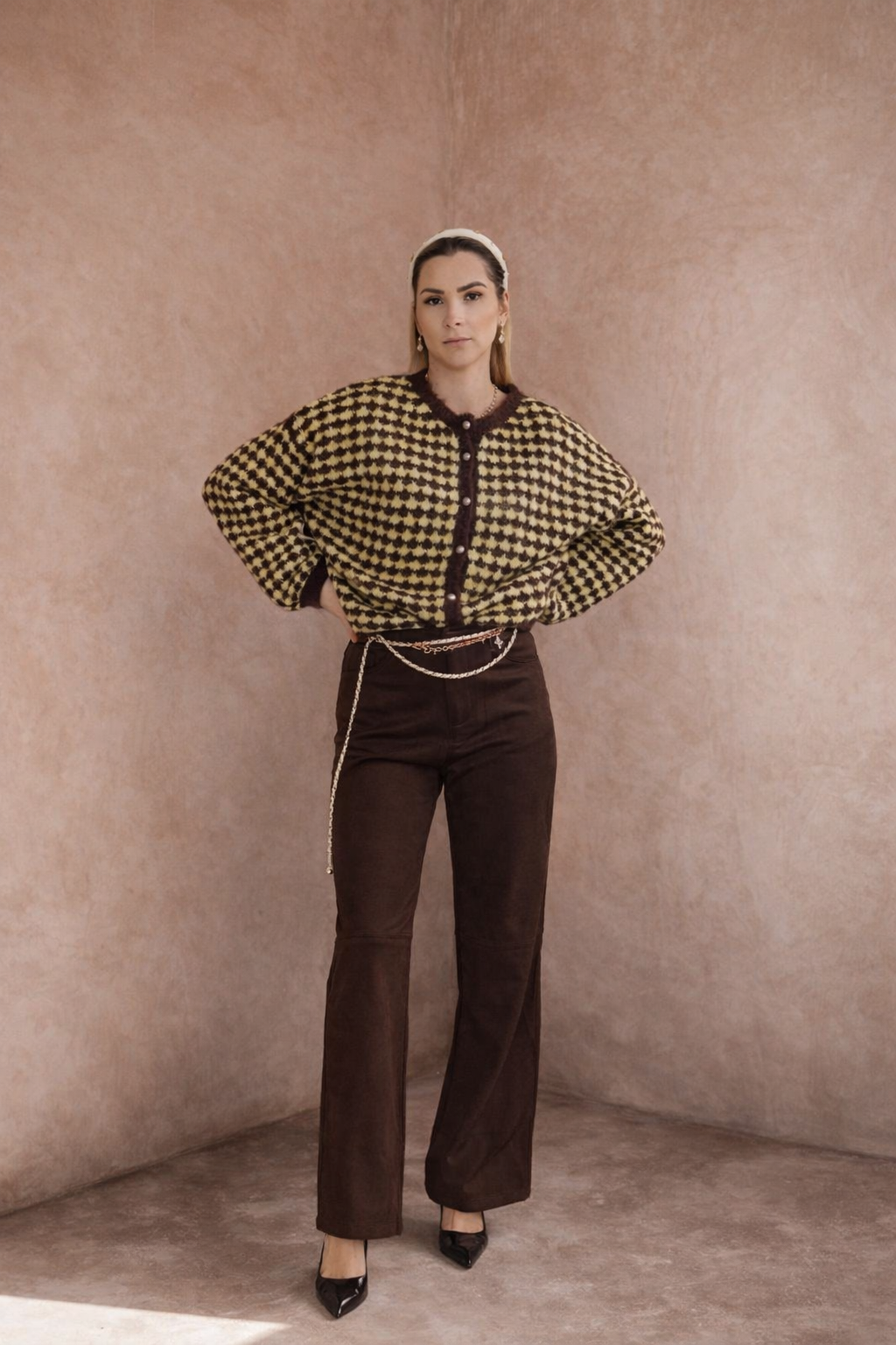 Jacquard-Strickjacke Brown & Cream