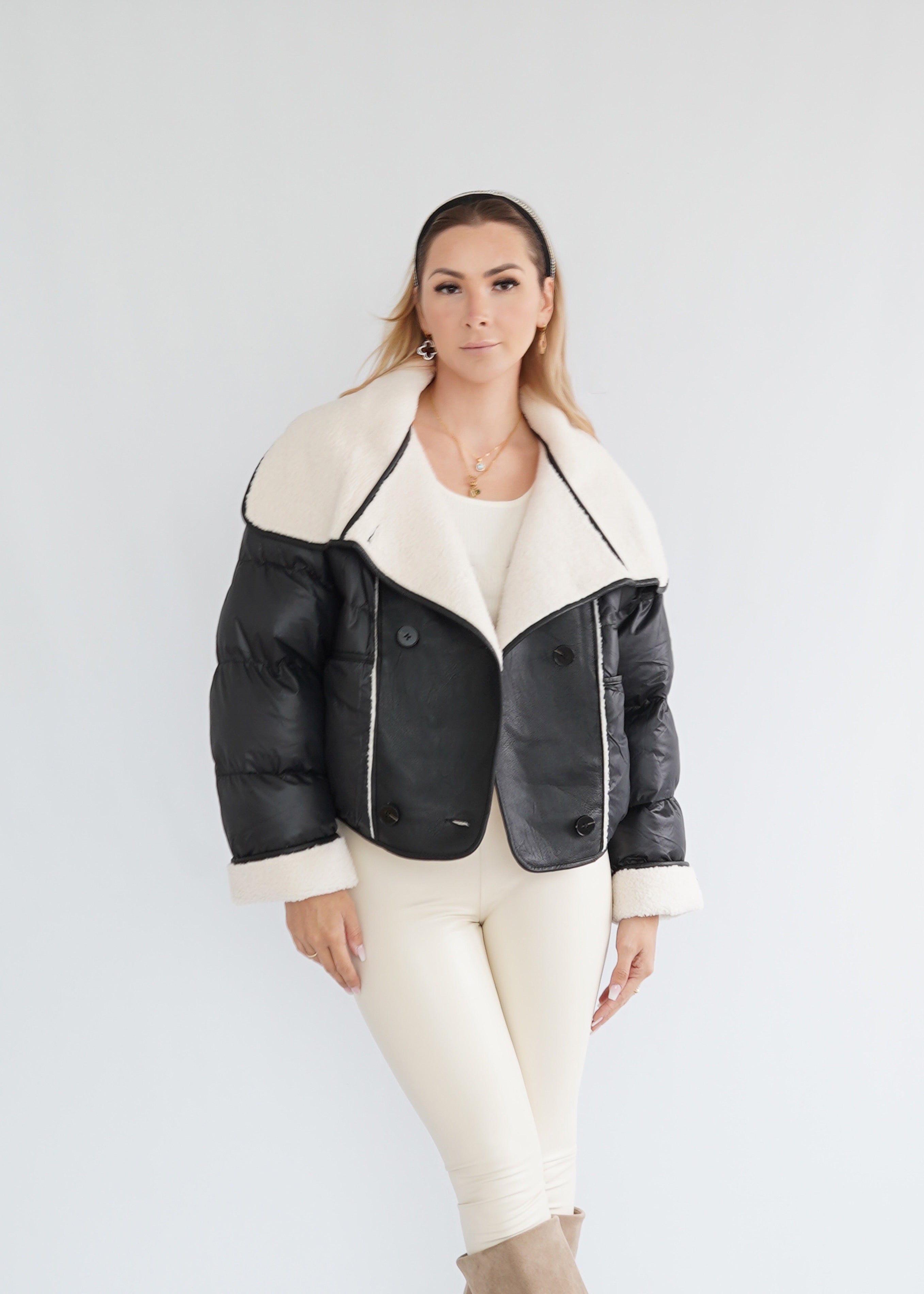 Crop Leder Jacke schwarz