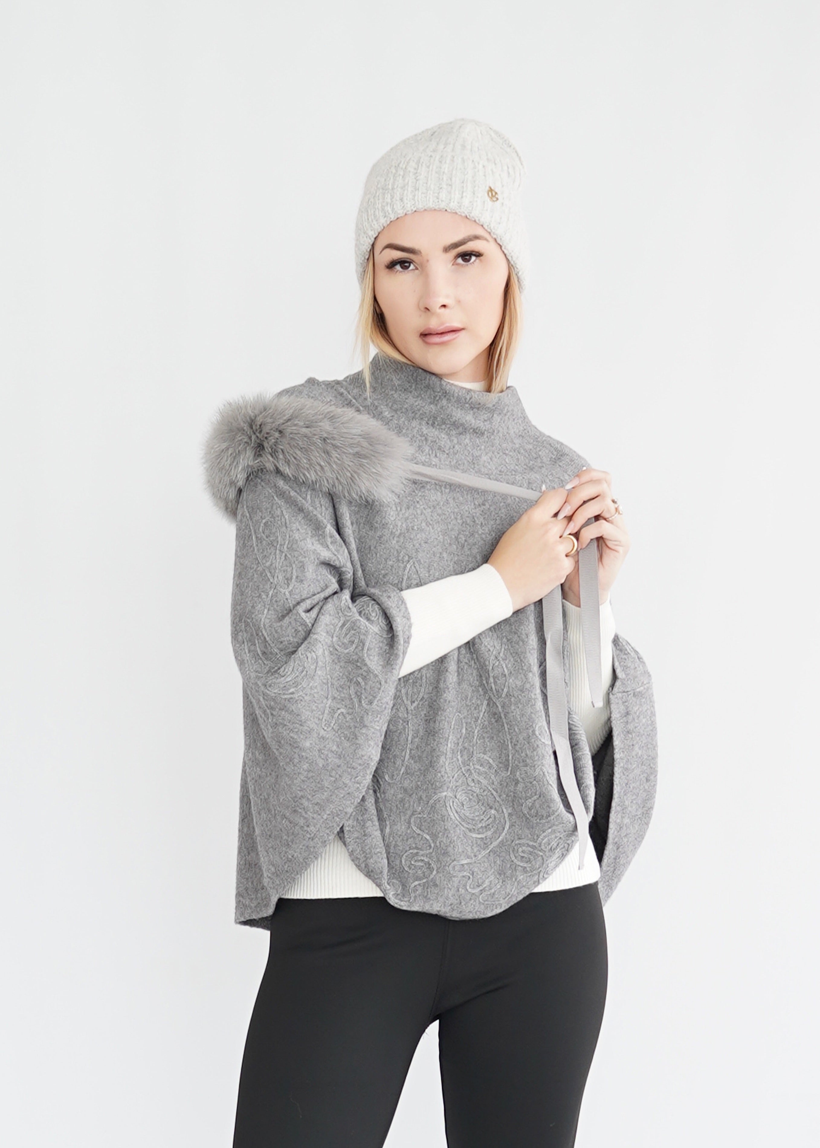 Poncho Kurz mit Kunsfell-kragen