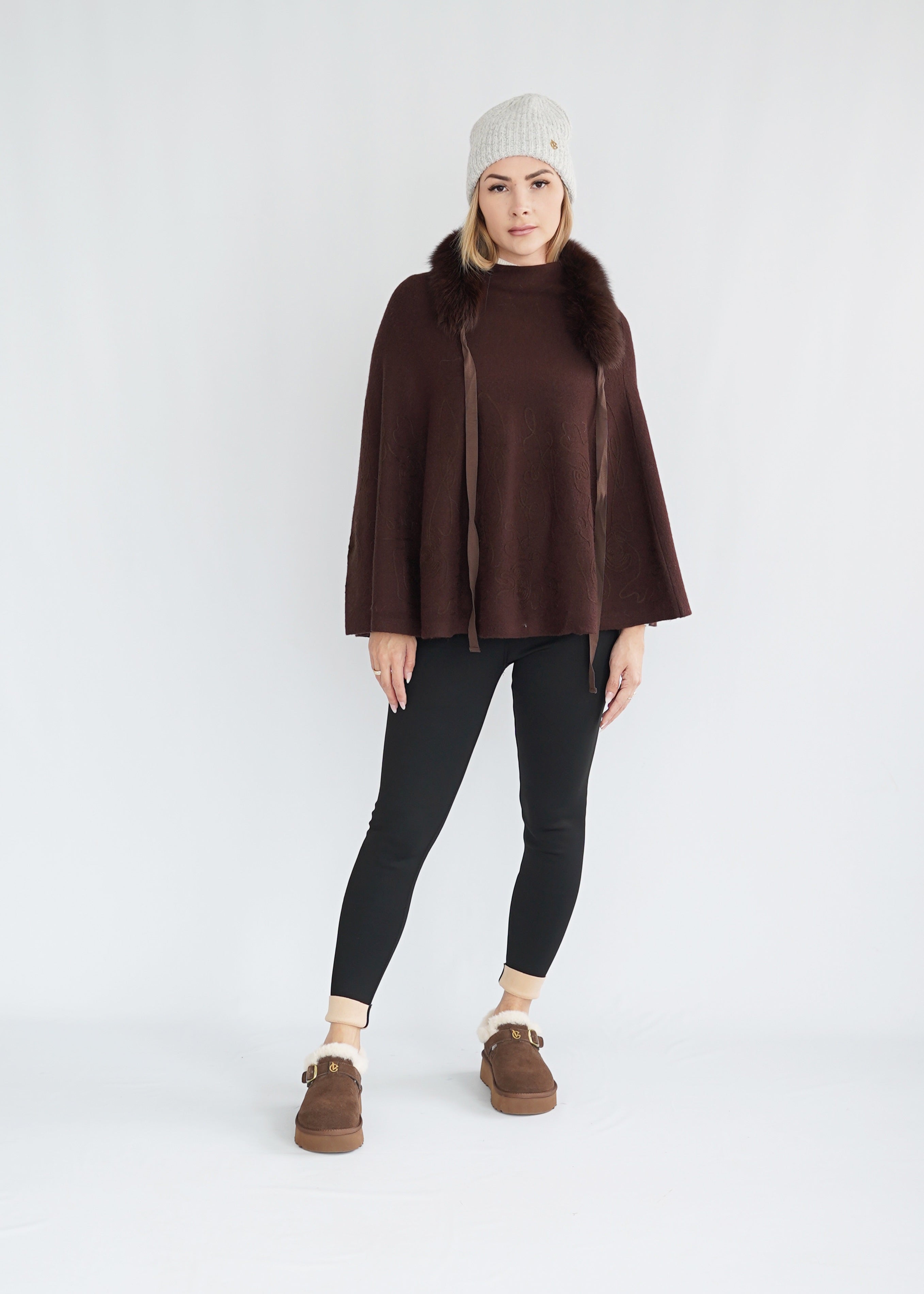 Poncho Kurz mit Kunsfell-kragen